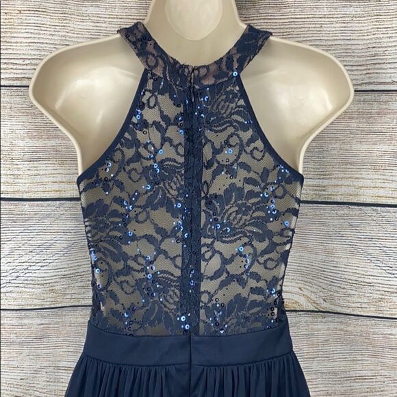 Morgan&Co Navy Blue Chiffon Laces Formal Long 
Dress - Picture 5 of 10